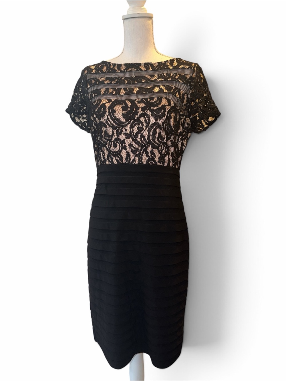 Adrianna Papell Black Lace & Nude Lined Sheath Midi Dress